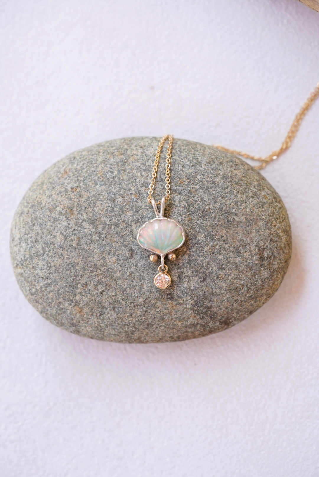 Ethiopian Opal + Sapphire Shell Necklace