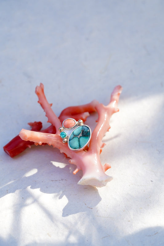 Variscite + Apatite + Angel Skin Coral Ring - Size 7.25