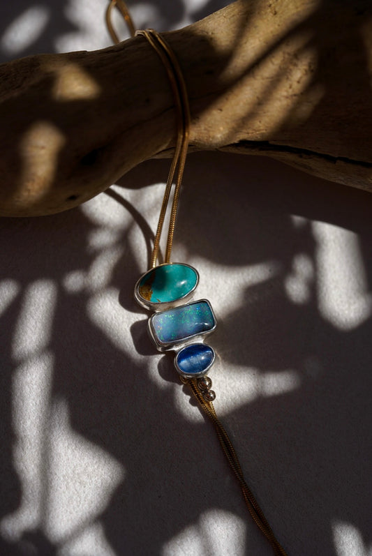 Turquoise + Australian Opal + Kyanite Bolo Necklace