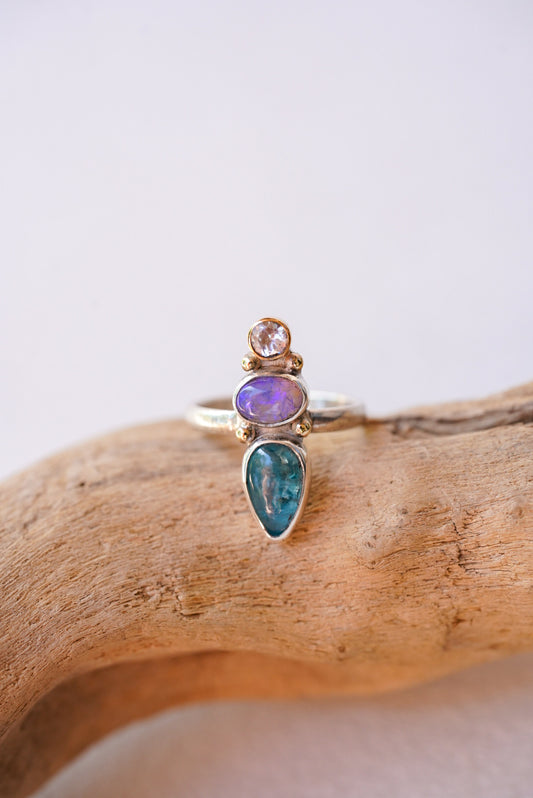 Moonstone + Australian Opal + Kyanite Ring - Size 6.5