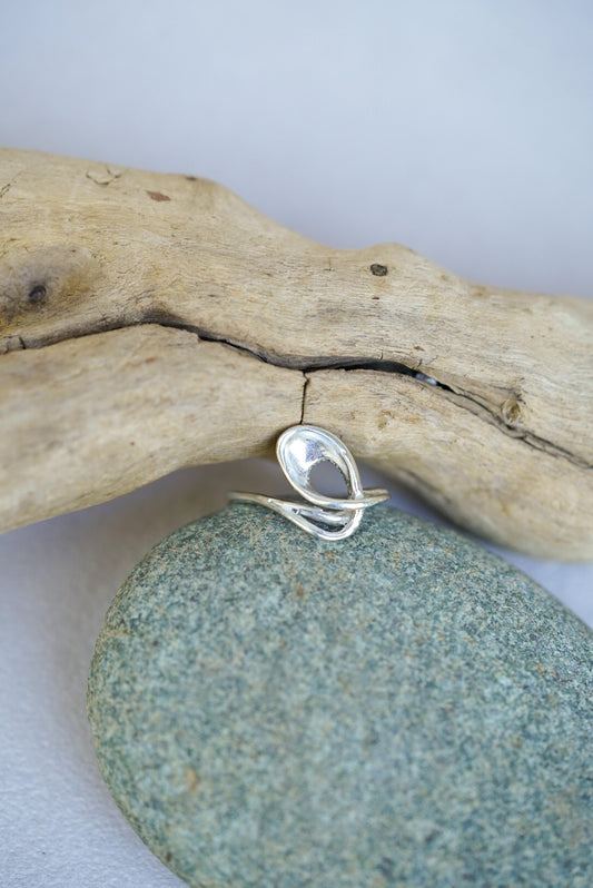 Silver ring on a stone with a piece of driftwood
