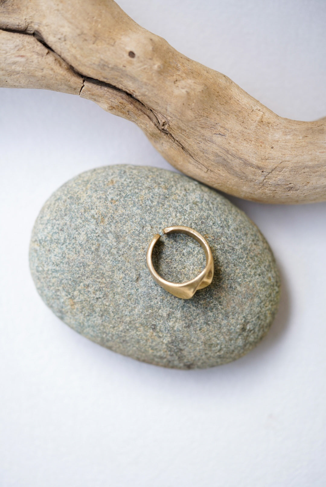 Gold ring on a stone with a piece of driftwood in the background