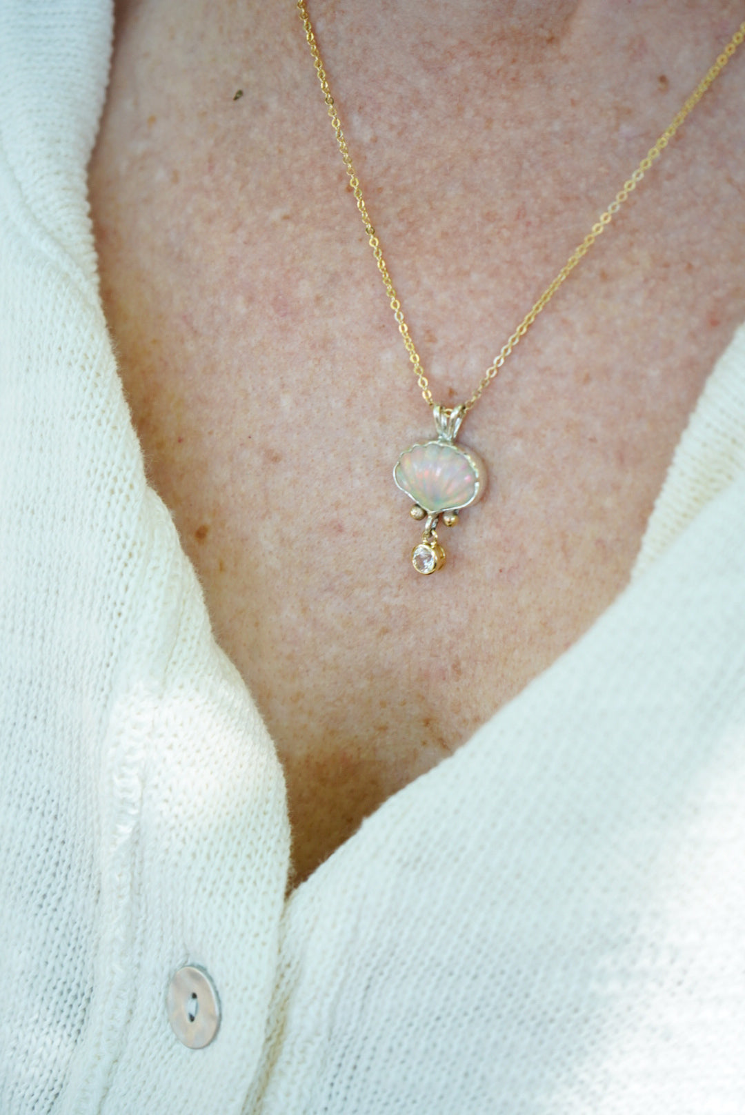 Ethiopian Opal + Sapphire Shell Necklace