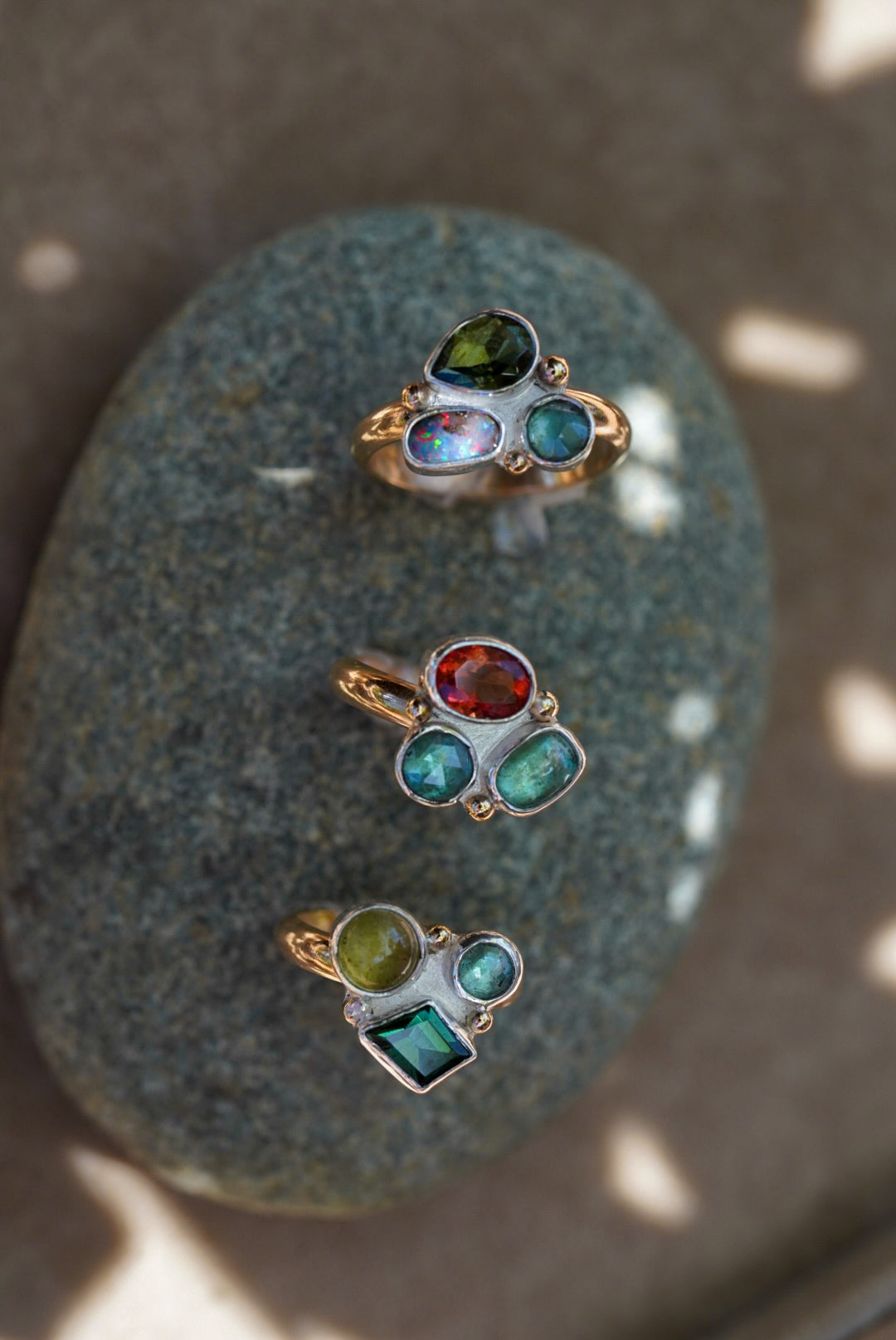 Moldavite + Australian Opal + Kyanite Ring - Size 8.75