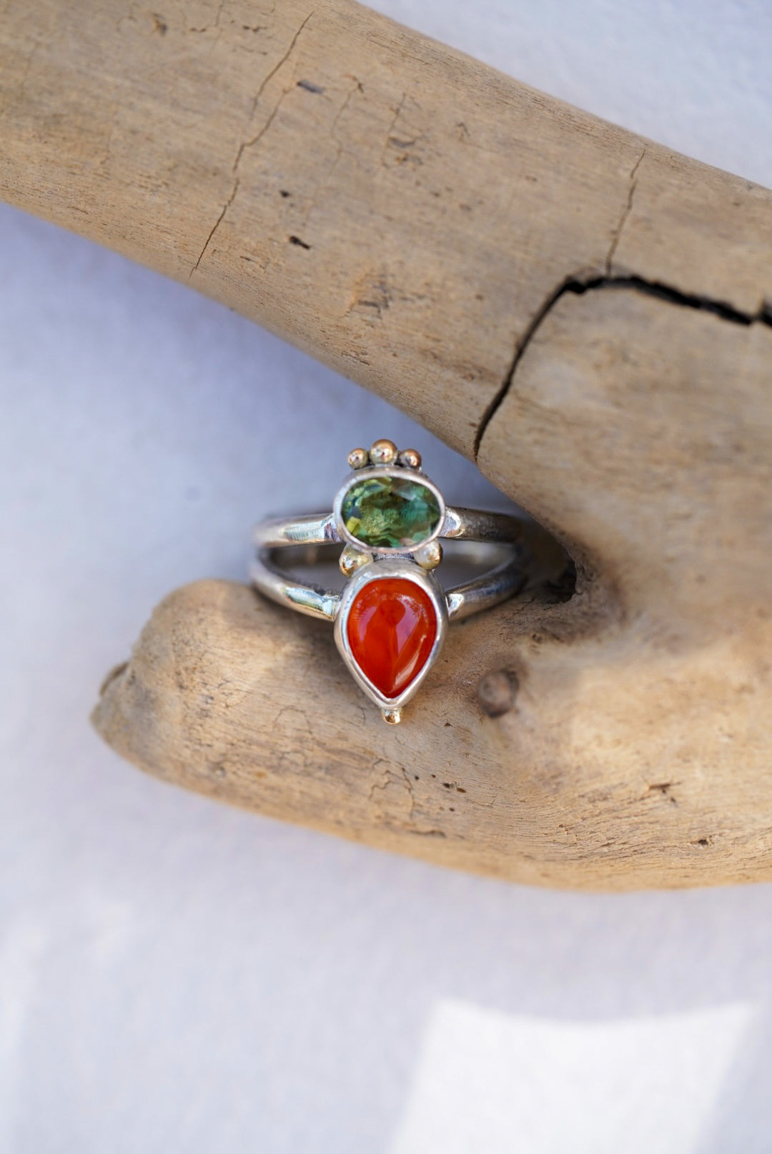 Carnelian + Moldavite Ring - Size 5.5