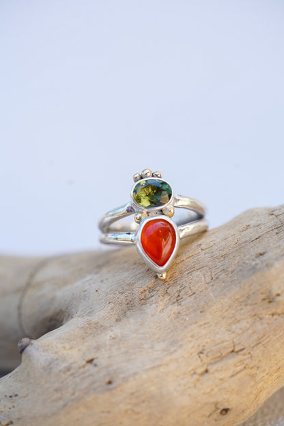 Carnelian + Moldavite Ring - Size 5.5