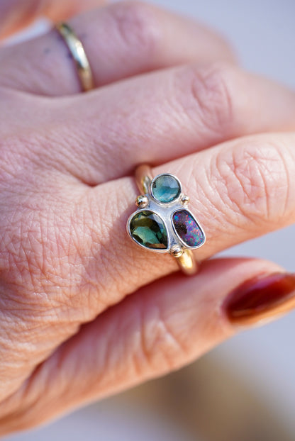 Moldavite + Australian Opal + Kyanite Ring - Size 8.75