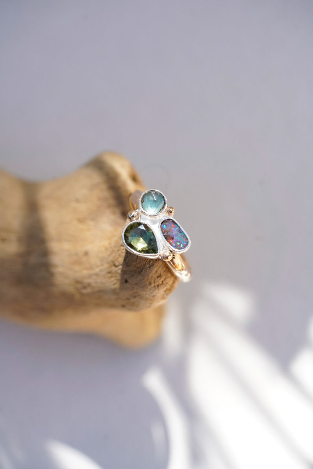 Moldavite + Australian Opal + Kyanite Ring - Size 8.75