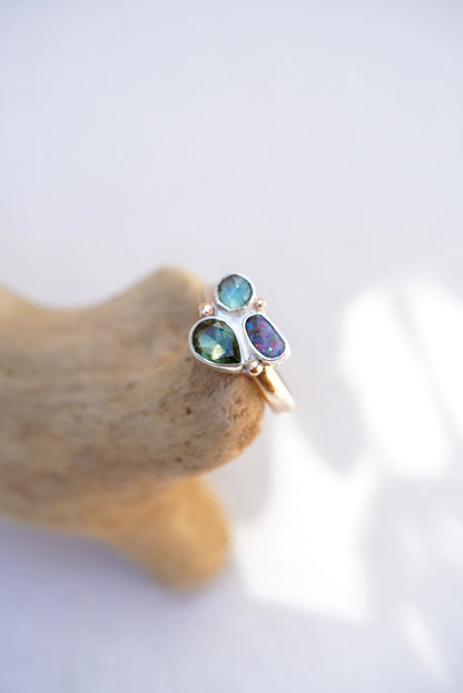 Moldavite + Australian Opal + Kyanite Ring - Size 8.75