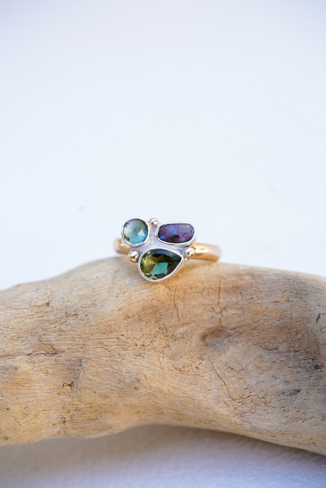 Moldavite + Australian Opal + Kyanite Ring - Size 8.75