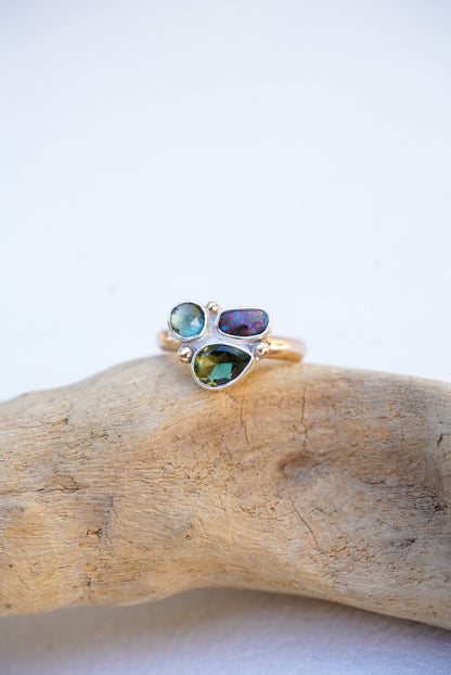 Moldavite + Australian Opal + Kyanite Ring - Size 8.75