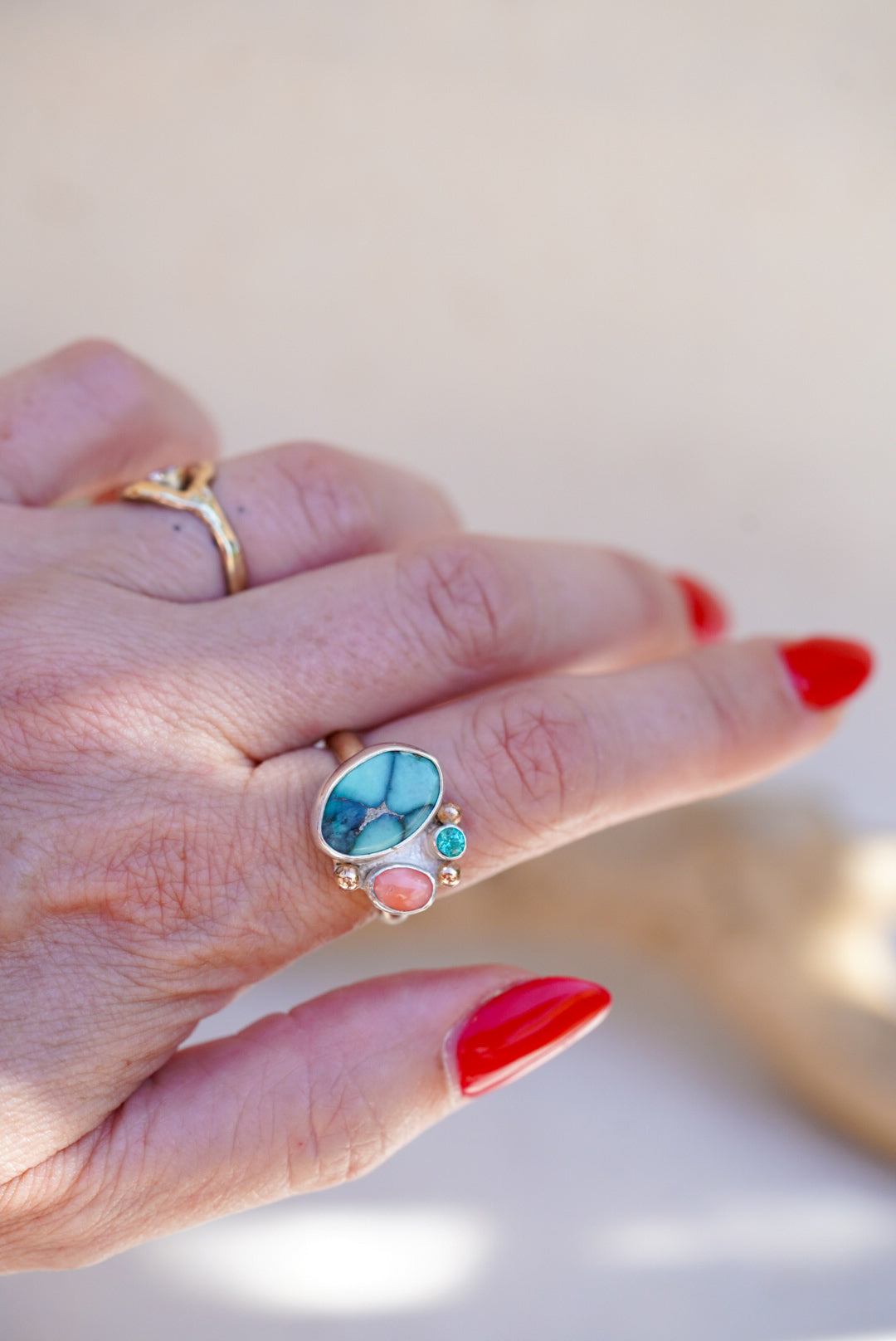 Variscite + Apatite + Angel Skin Coral Ring - Size 7.25