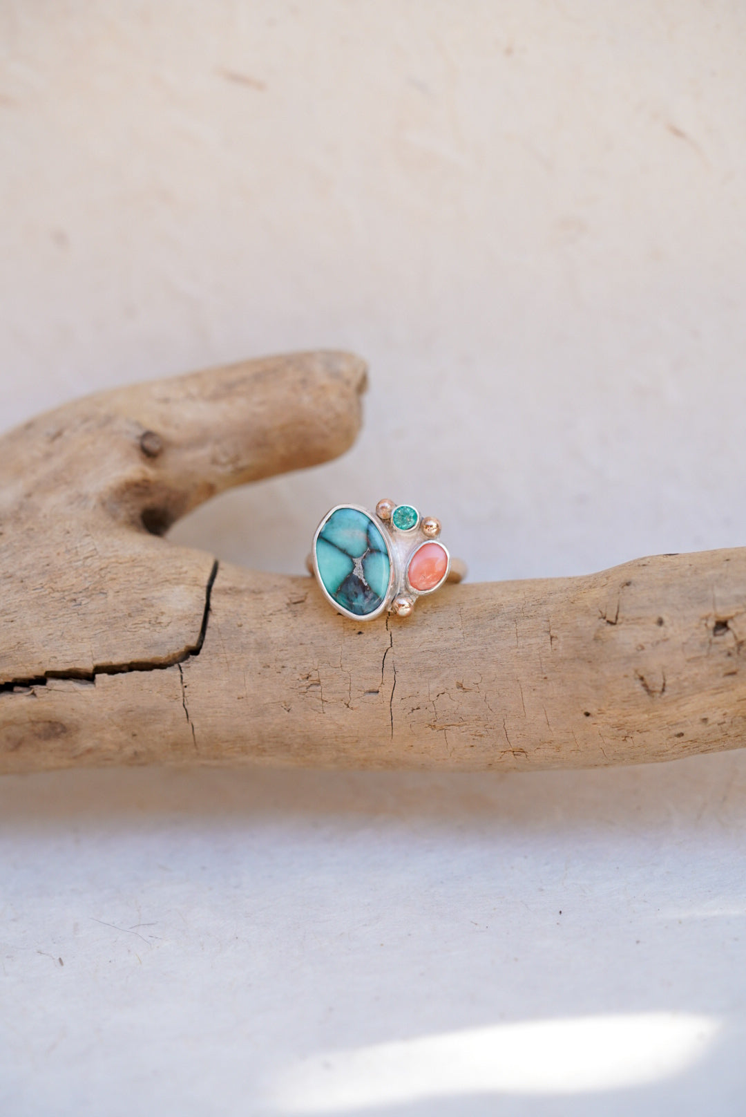 Variscite + Apatite + Angel Skin Coral Ring - Size 7.25
