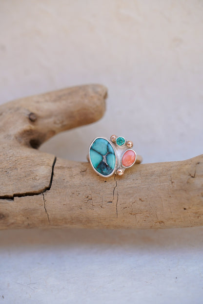 Variscite + Apatite + Angel Skin Coral Ring - Size 7.25