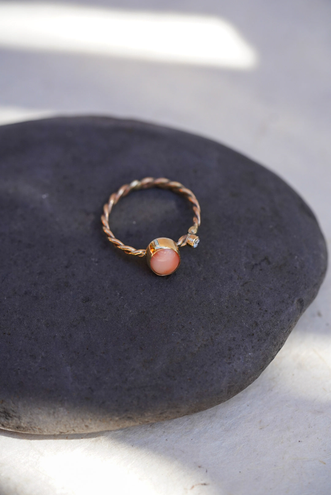 Angel Skin Coral + Diamond Ring - Size 6.25