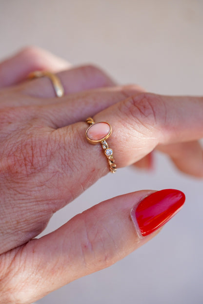 Angel Skin Coral + Diamond Ring - Size 6.25