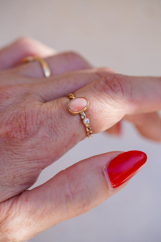 Angel Skin Coral + Diamond Ring - Size 6.25