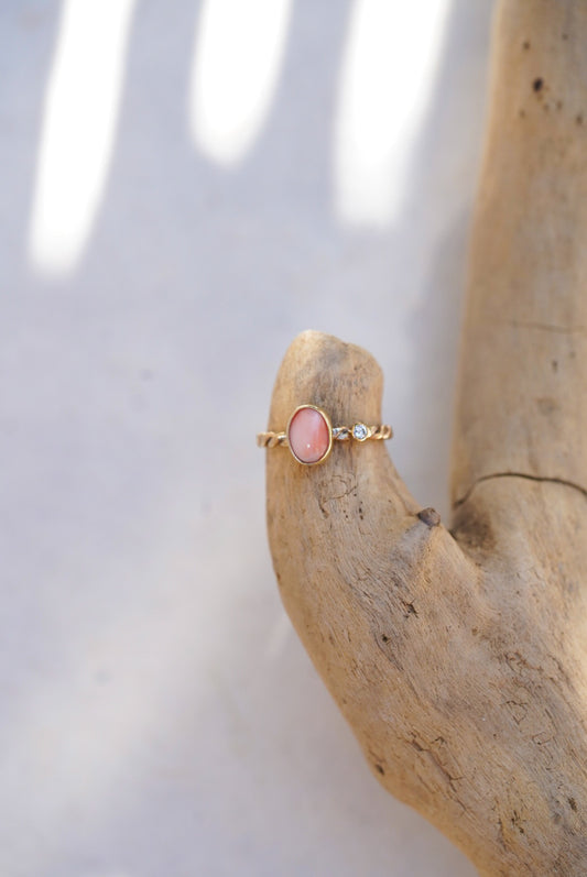 Angel Skin Coral + Diamond Ring - Size 6.25