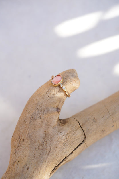 Angel Skin Coral + Diamond Ring - Size 6.25