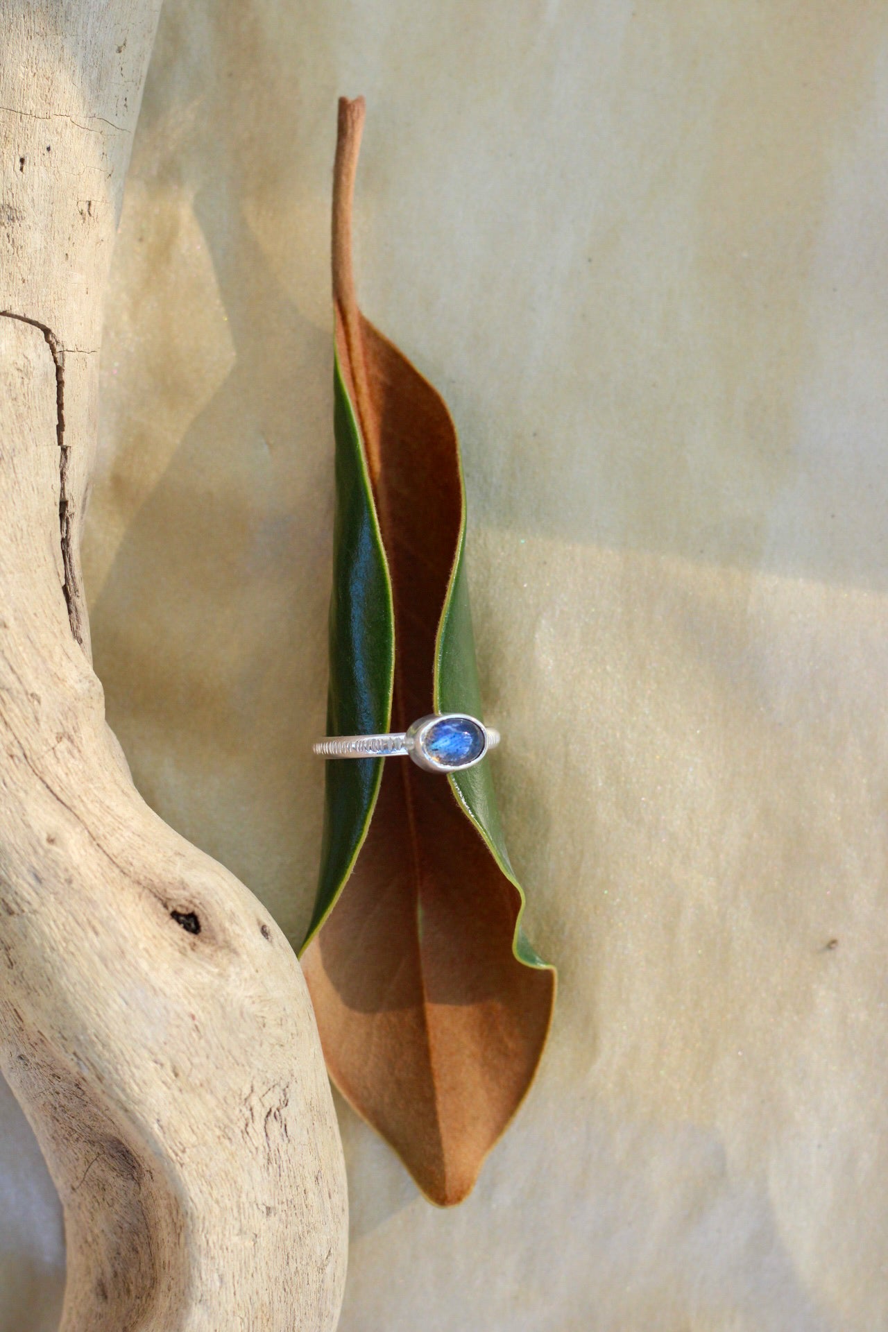 Ring with a blue labradorite stone on a leaf against a natural background