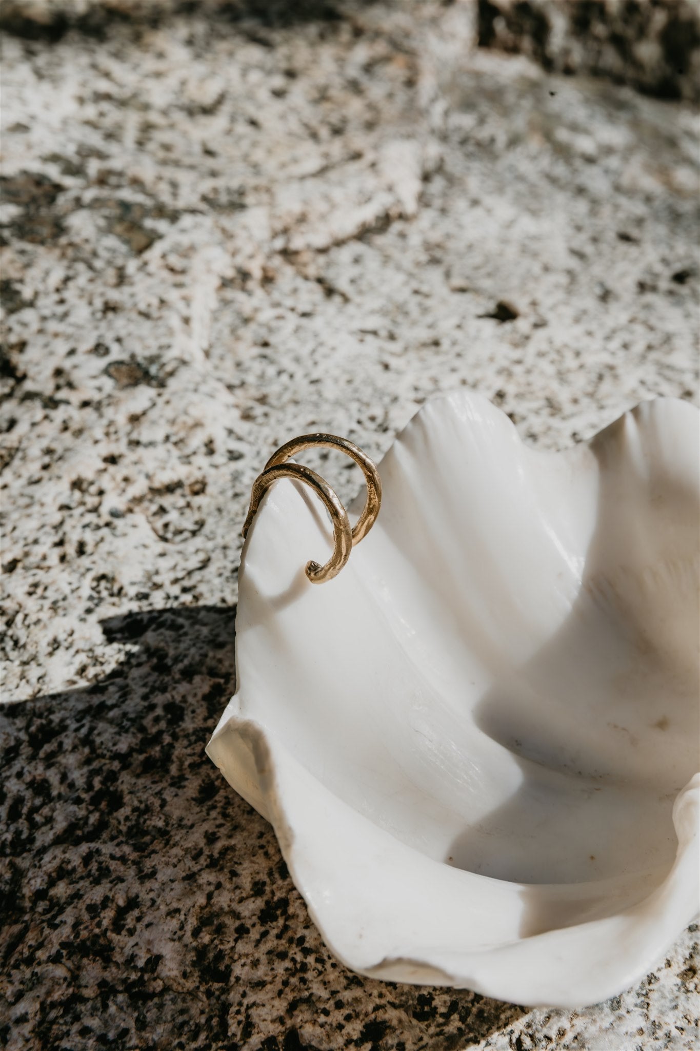 Gold earrings inside a white shell on a textured surface